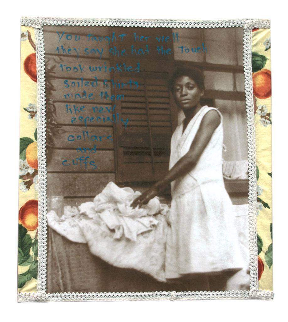 Carletta Carrington Wilson, you taught her well, letter to a laundress, 2017-2018, thirty-two panel mixed-media installation, 1938 photograph by Doris Ulman of girl ironing, image from the Library of Congress Prints and Photographs division. Collection of the Artist.
