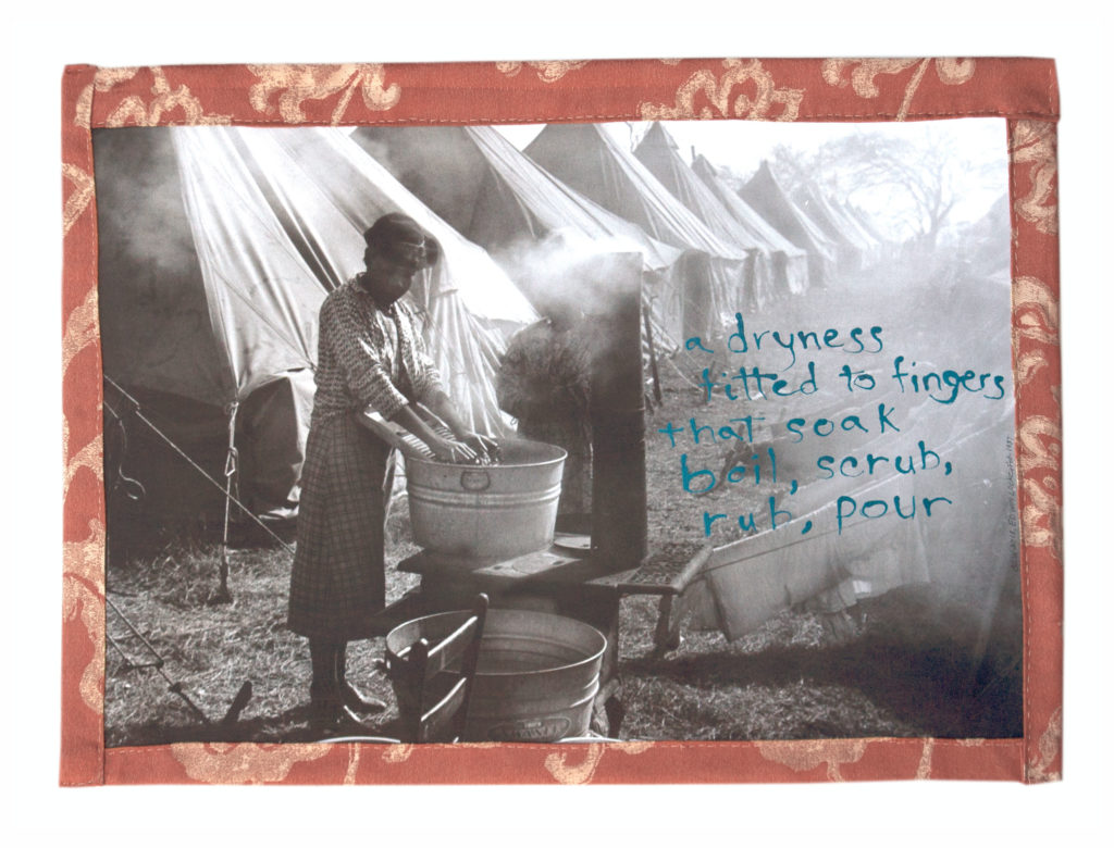 Carletta Carrington Wilson, a dryness, letter to a laundress, 2017-2018, thirty-two panel mixed-media installation, 1937 photograph by Edwin Locke, image from the Library of Congress Prints and Photographs division. Collection of the Artist.