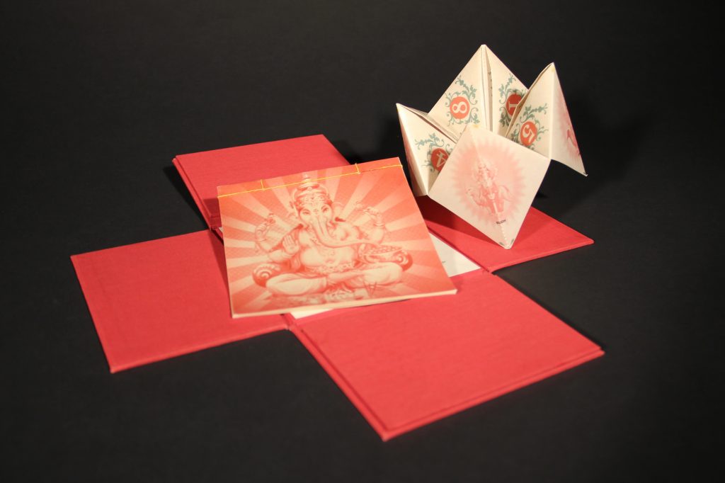 Malini Gupta (Portland, OR), The Fortune Teller, 2015, digitally printed origami folded paper fortune teller with stab bound book, 4"h x 5"w x 5"h (closed), 5.375"h x 5.375"w (open), 5.25"h x 5.25"w (book); edition #1 of 10, Cynthia Sears Artist's Books Collection