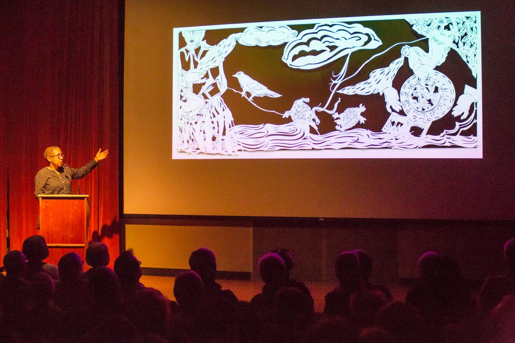 Barbara Earl Thomas gives an Eye On Artist presentation in the Frank Buxton Auditorium.