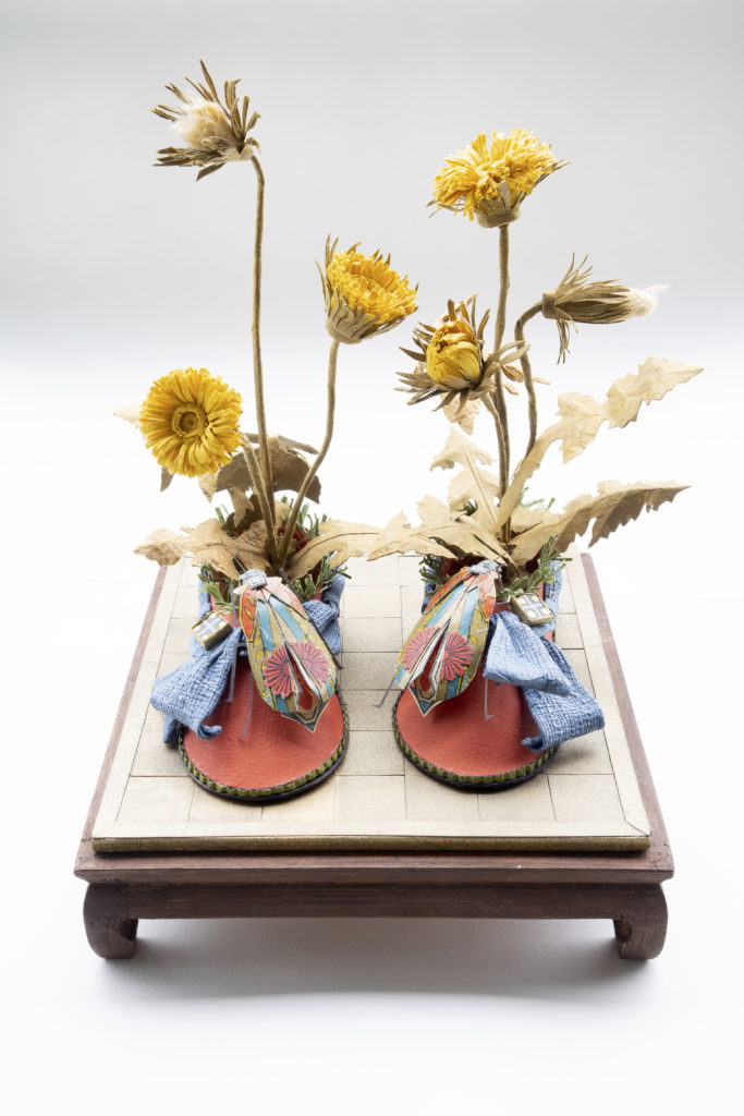 Patty Grazini, Kids Shoes, 2018 1920s Japanese scroll paper and hand dyed papers, 9.5h x 6.5w x 6.5d inches, Courtesy of Curtis Steiner Gallery, Photo credit: M. Sawyer Photography