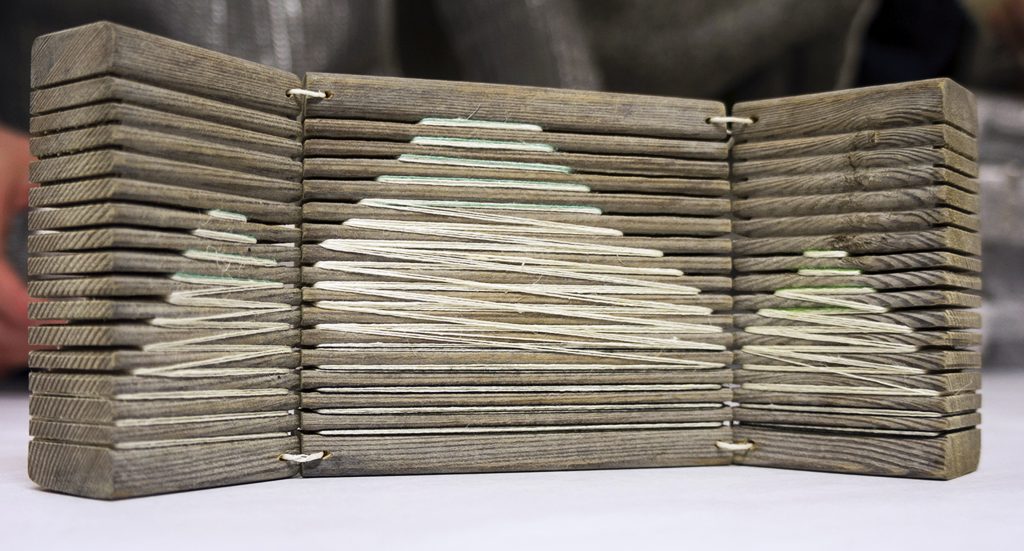 Helga Palina Brynjolfsdottir, Landscape I, 2017, wood and linen thread, 22 x 8 x 3 cm.