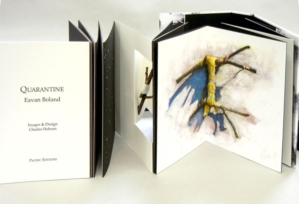 Charles Hobson, book designer and poem by Eavan Boland, Quarantine, 2011 accordion book with twigs and string and high-resolution images of monotypes, ed. twelve of forty-two, 77”x 8.5” x 8”. Private Collection.