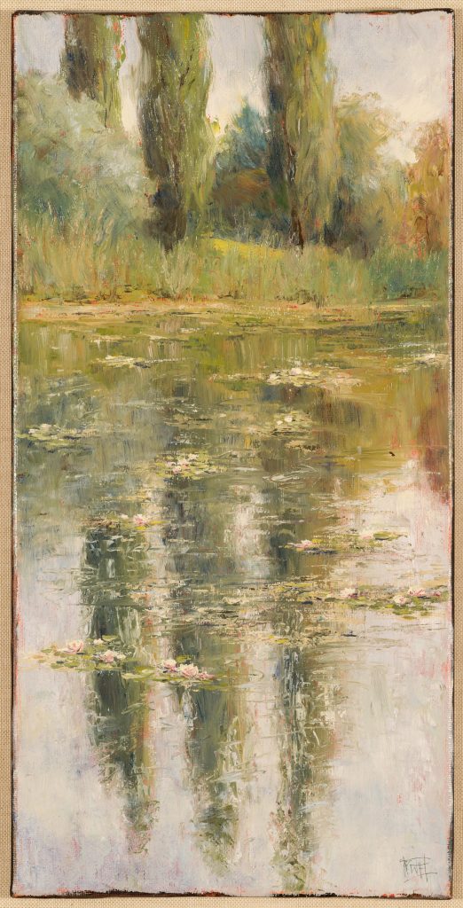Pamela Wachtler, Lily, Lily, Lily (Battlepoint Duckpond), oil on canvas, 17” x 8”. Courtesy of Roby King Gallery. Photo by Art Grice.