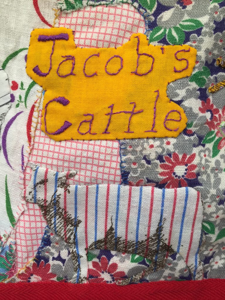 Lois Morrison (Leonia, NJ), Jacob's Cattle, 2016, scroll structure book, hand-stitched and quilted, appliqués, on fabric, 8.25"h x 88"w (open); unique, Cynthia Sears Artist's Books Collection