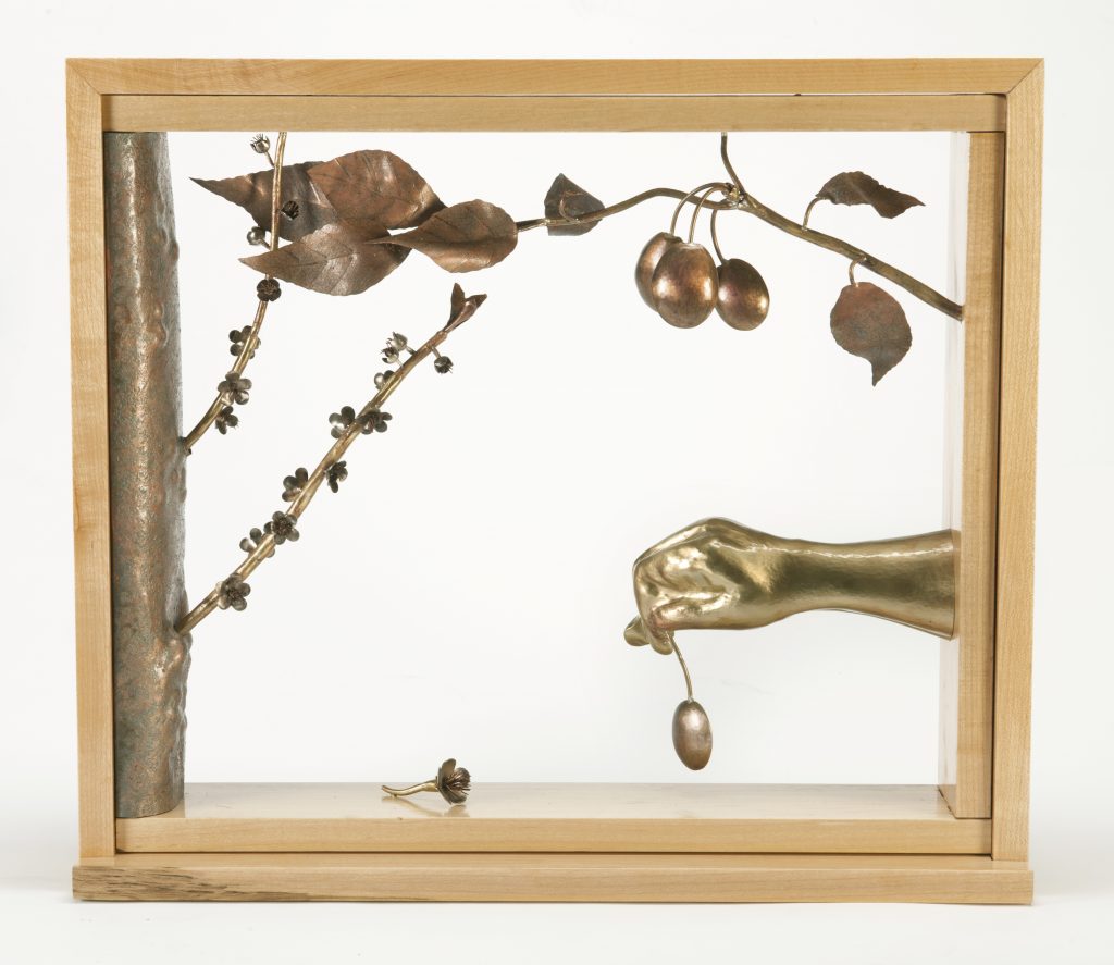 Bill Baran-Mickle, Five Blessings, 2012, brass, copper, sterling silver, maple frame, 18”h x 20.75”w, BIMA Permanent Art Collection, Gift of the Artist