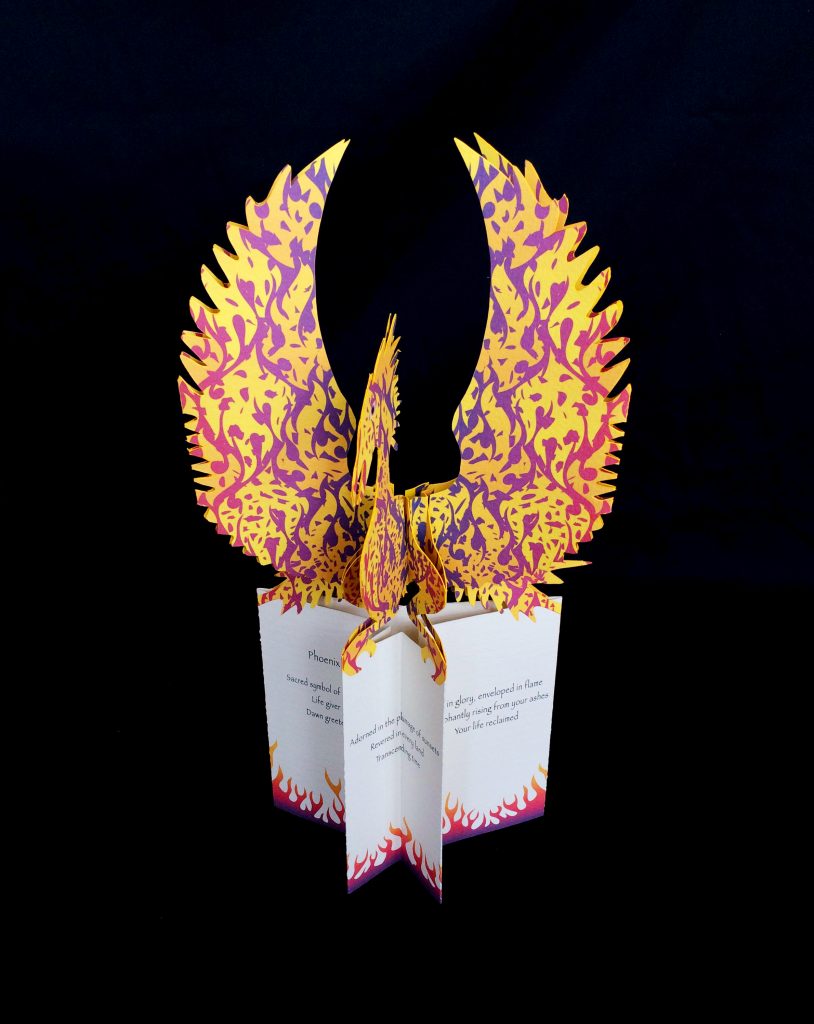 Linda & Tracy Smith, Phoenix, 2013-14, printed and hand-cut paper, text by Tracy Smith.