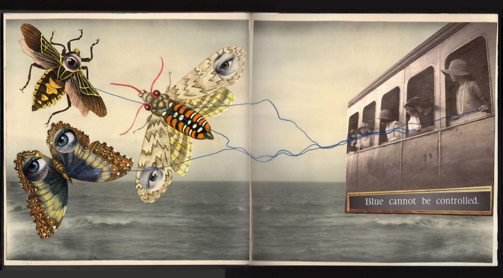 Lynn Skordal, A Blue Thread Runs Through It, 2015, unique altered book, mixed media collage, 9.75”l x 10”w (closed) 19.75”l (open). Private Collection.