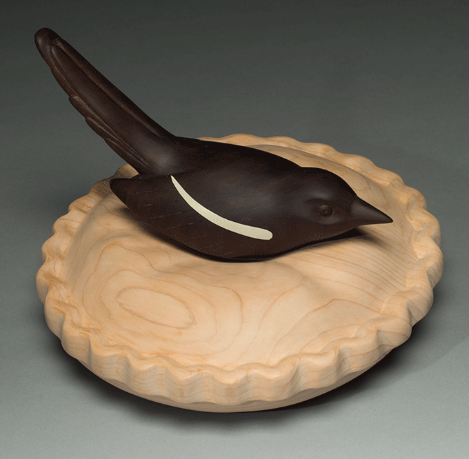 Magpie, Soft Landing Port Orford cedar and black walnut, 11" diameter, 8"h Courtesy of the Artist