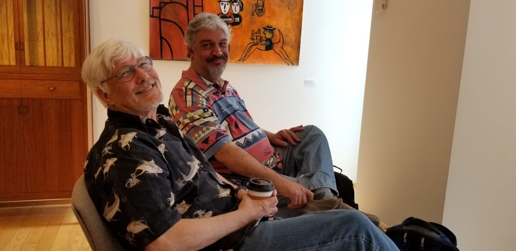 Mark Hoffman and Steve Franz listening to music in the galleries during BIMA's MOJO Festival.