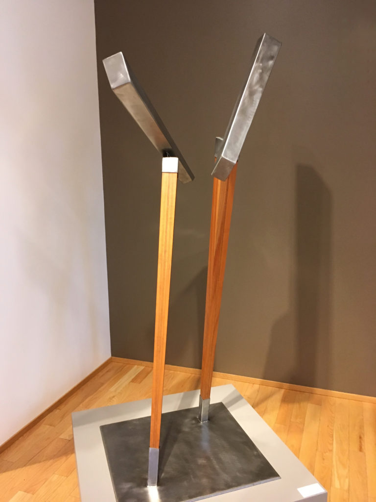 Lucy Congdon Hanson (Port Townsend), Gemini, steel, cherry and walnut wood, 6’h x 2’w x 2’d, Courtesy of the Artist