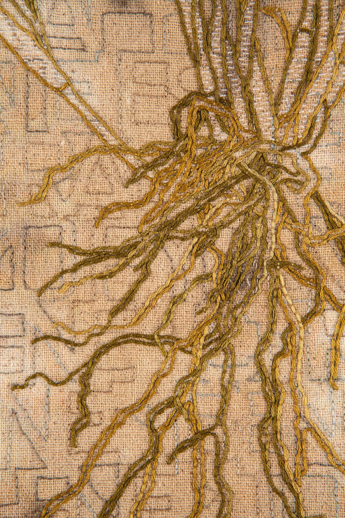 Lou Cabeen, Sampler for the Anthropocene: Alfalfa (detail), embroidery on tea dyed linen, Courtesy of the artist, photo credit Lynn Thompson