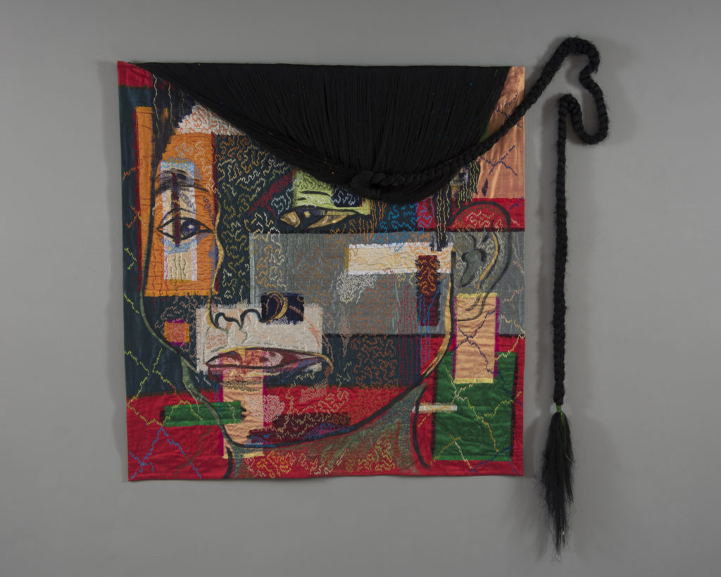 Lynne Rigby (Redmond) ÜBERLEBENSGROß, 2019 deconstructed Dupioni silk, Dupioni silk paint, cotton and silk embroidery floss, machine pieced, and hand embroidered, 8’h x 4’w Courtesy of the Artist
