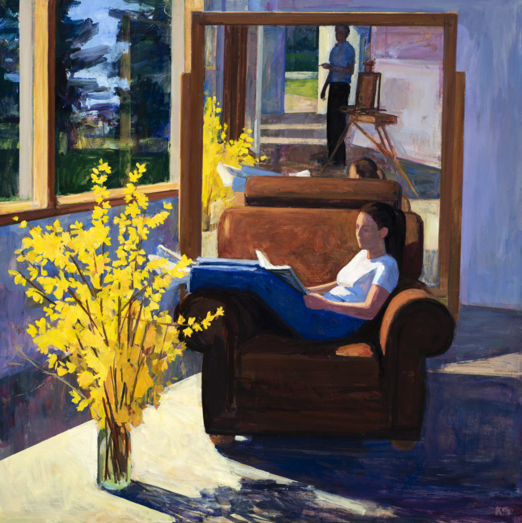 Kurt Solmssen (Vaughn), Marsha and Forsythia, 2021. Oil on linen, 68”h x 68”w. Courtesy of Linda Hodges Gallery.