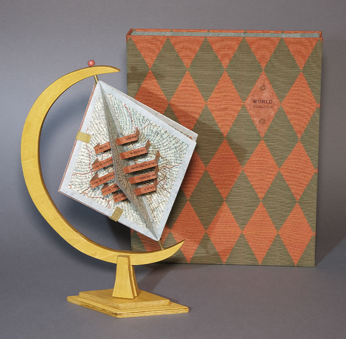 Julie Chen (Berkeley, CA), World Without End, 1999, letterpress printed from photopolymer plates, triangular codex structure with pop-up text and book stand, 15h" x 12"w x 2"d; edition #1 of 25, Cynthia Sears Artist's Books Collection