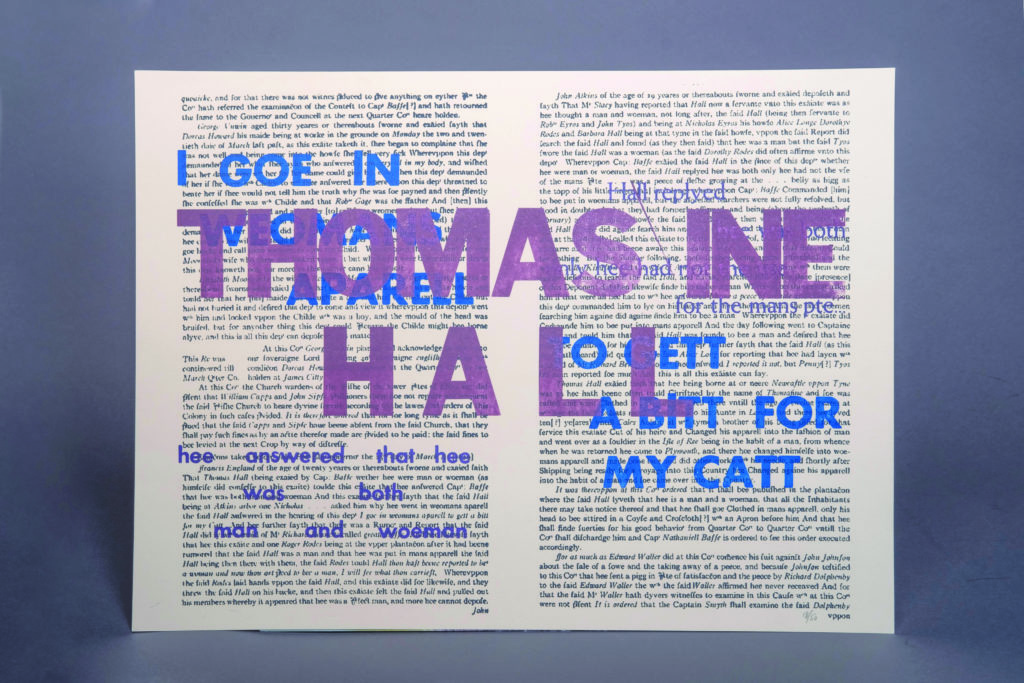 Kadin Henningsen (Urbana, IL), Thomas\ine Hall, 2019, screenprint and letterpress broadside, 17”h x 12.5”w, print #18 of 50, photo by Hunter Stroud