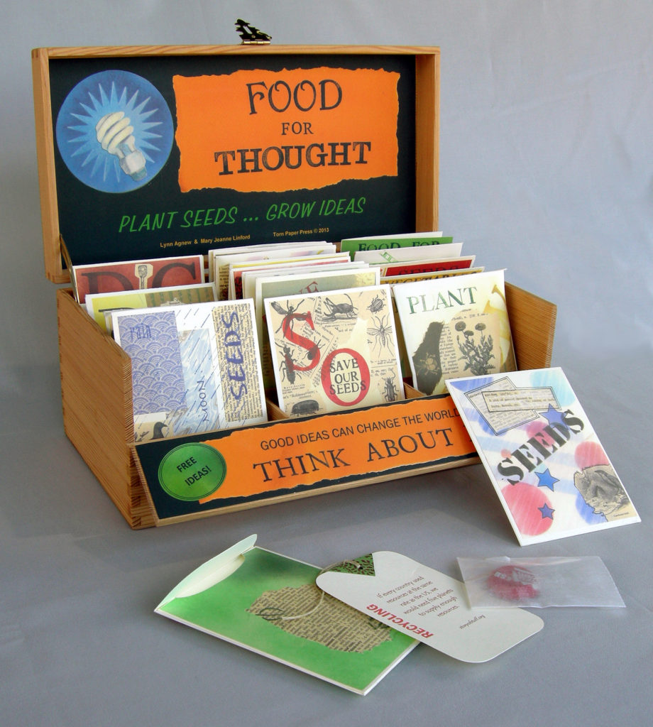 Lynn Agnew and Mary Jeanne Linford of Torn Paper Press (Kingston), Food for Thought, 2013, inkjet prints, collage, glassine envelopes, wood box created by Bill Agnew, limited ed. of six, 5.75"h x 11.75"w x 5"d, Cynthia Sears Artist's Book Collection