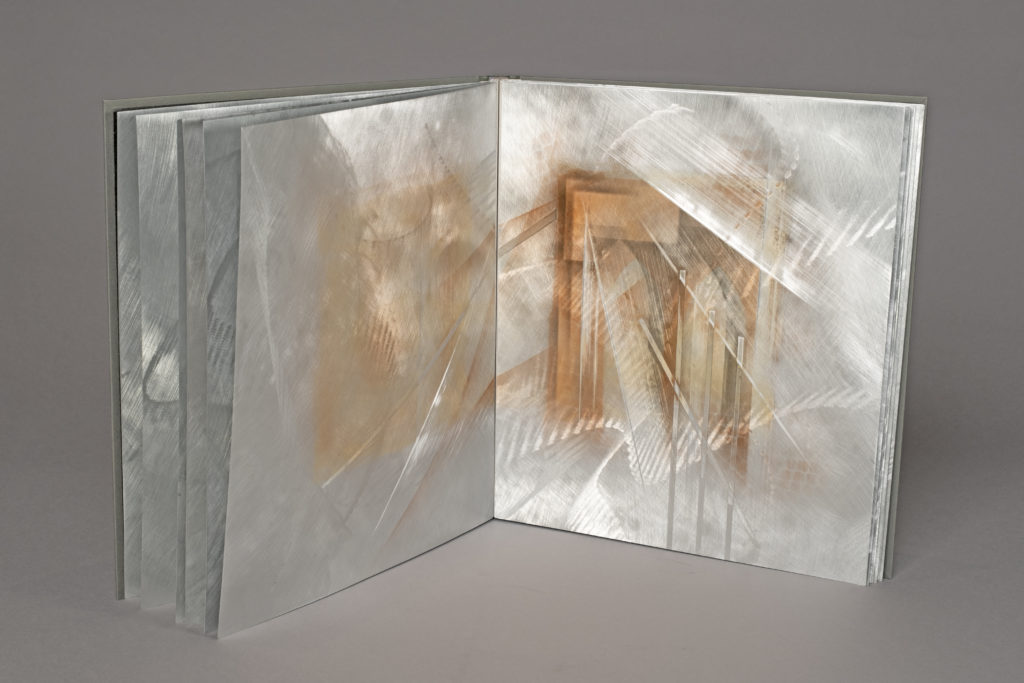 Donald Glaister (Tuscon, AZ), Brooklyn Bridge: A Love Song, 2002, modified codex structure, goatskin cover with aluminum onlays, aluminum pages with paper hinges, endpapers textured paper; housed in a felt-lined aluminum box, 14.25"h x 12.75"w x 1"d; edition #4 of 60, A.P., Cynthia Sears Artist's Books Collection