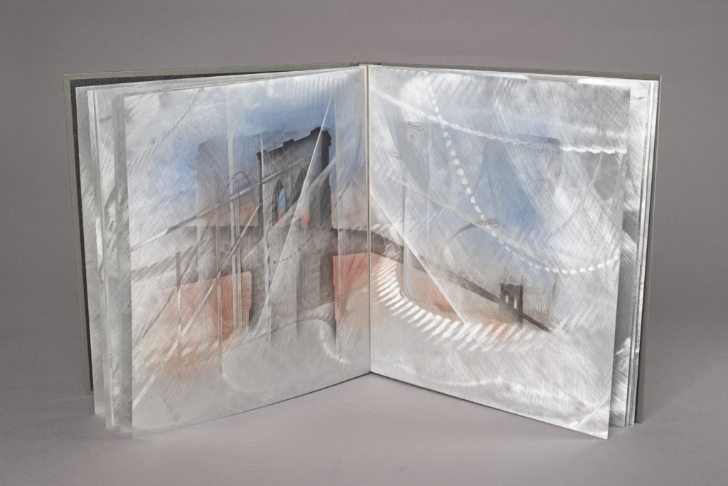 Donald Glaister (Tuscon, AZ), Brooklyn Bridge: A Love Song, 2002, modified codex structure, goatskin cover with aluminum onlays, aluminum pages with paper hinges, endpapers textured paper; housed in a felt-lined aluminum box, 14.25"h x 12.75"w x 1"d; edition #4 of 60, A.P., Cynthia Sears Artist's Books Collection