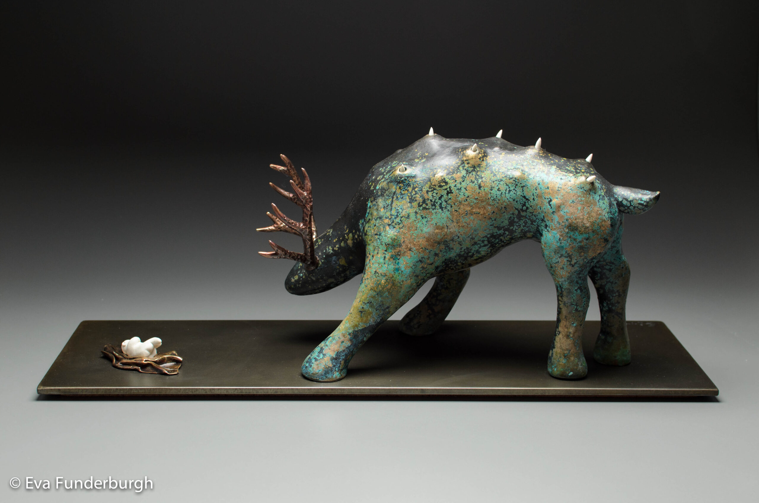 Eva Funderburgh (Seattle), The Invader, 2014, bronze, porcelain, steel base, 8.5”h x 22"w x 7.5”d, Collection of the Artist
