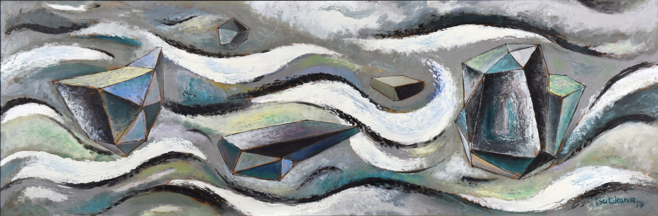 George Tsutakawa, 1910-1997 (Seattle), Rocks and Waves, 1987, oil on board, 22.5”h x 54”w, Private Collection, photo by John Pai
