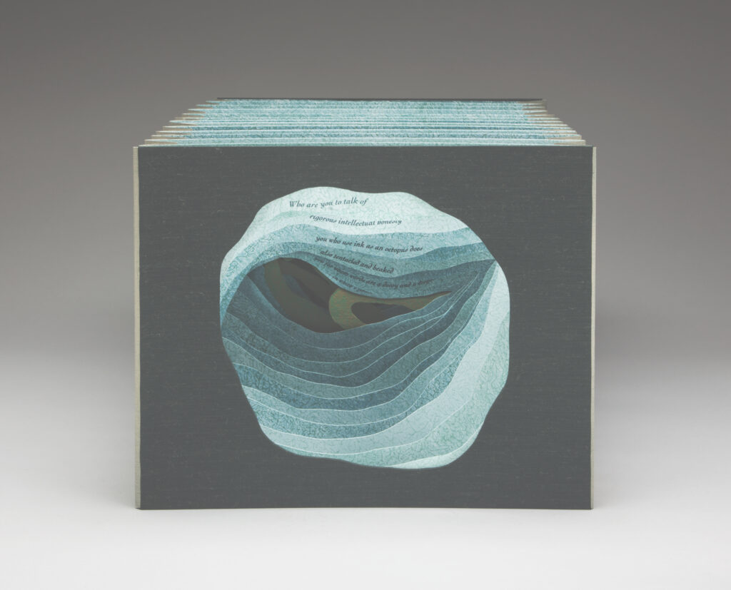 Julie Chen, Flying Fish Press (Berkley, CA) poem by Elizabeth McDevitt, Octopus, 1992, tunnel structure, double accordion, and letterpress printed, with undersea diorama, 10.5"h x 13.5"w x 23"d (open); edition #48 of 100. Cynthia Sears Artist's Books Collection.
