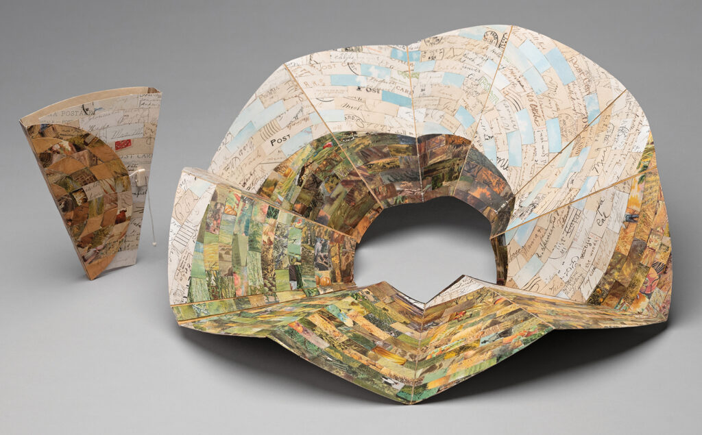 Deborah Greenwood (Tacoma, WA), The Land, 2015, toroidal book made with mixed media collage, machine sewn, book: 6.75”h x 5.25”w x .5”d x 20”dia.; cover: 6.75”h x 12.5”w (open), unique, Cynthia Sears Artist's Books Collection, photo by Hunter Stroud