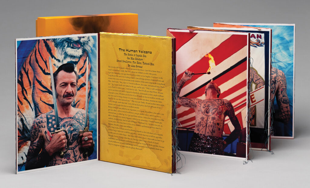 Caren Heft and Alan Govenar (Racine, WI), Human Volcano, The Stories of Captain Don, One Man Side Show, Sword Swallower, Fire Eater and Tattooed Man, 2012, accordion binding, handmade paper, letterpress, photographs, painted wood box, box: 16.75”h x 13”w x 2.375”d; book: 15.125”h x 10.625”w x 1.625”d (closed), 105”w (open), edition of 35, Cynthia Sears Artist's Books Collection