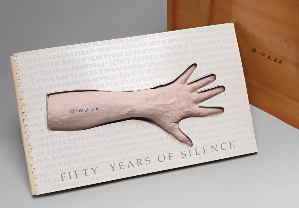 Tatana Kellner (Rosendale, NY), B-11226: fifty years of silence, Eugene Kellner’s story, 1992, spiral bound, die cut pages, screenprint, handmade paper cast arm, wood box, box: 14”h x 22.75”w x 3”d; book: 12.25”h x 20.125”w x 2”d edition #50 of 50, Cynthia Sears Artist's Books Collection