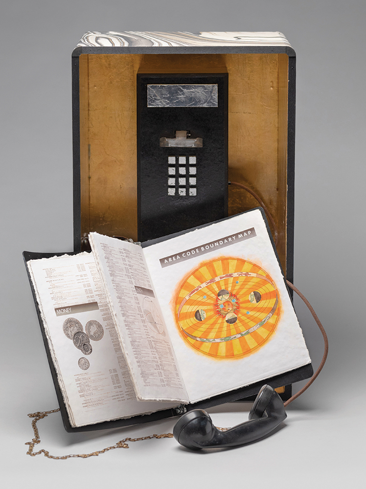 Hidde Van Duym (Bainbridge Island, WA), Transcendental Phone, 2002, paper-covered box with old public phone parts and altered phone directory, phone box: 24.75”h x 15”w x 10.5”d; table: 30”h x 24”w x 16”d; book: 12.25”h x 10”w x 1.875”d, unique, Cynthia Sears Artist's Books Collection