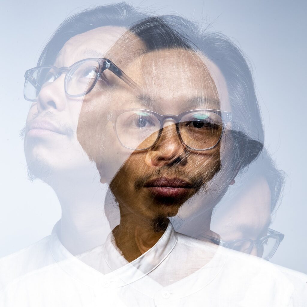 Layered portrait of musician Tomo Nakayama looking up and to the left, towards the camera, and down and to the right.