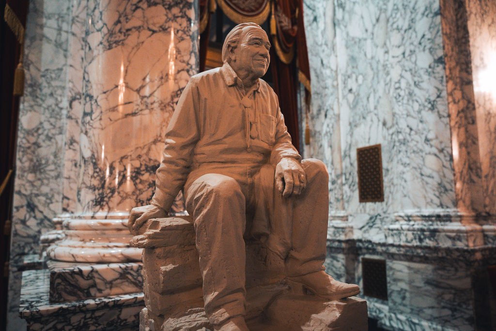 maquette of Billy Frank Jr. at the unveiling in the State Capitol Building.