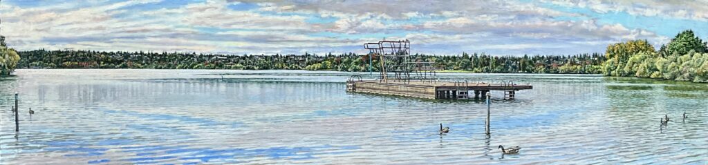 Panoramic painting of Green Lake in Seattle with a floating diving platform, gentle ripples on the water, and geese swimming in the foreground.
