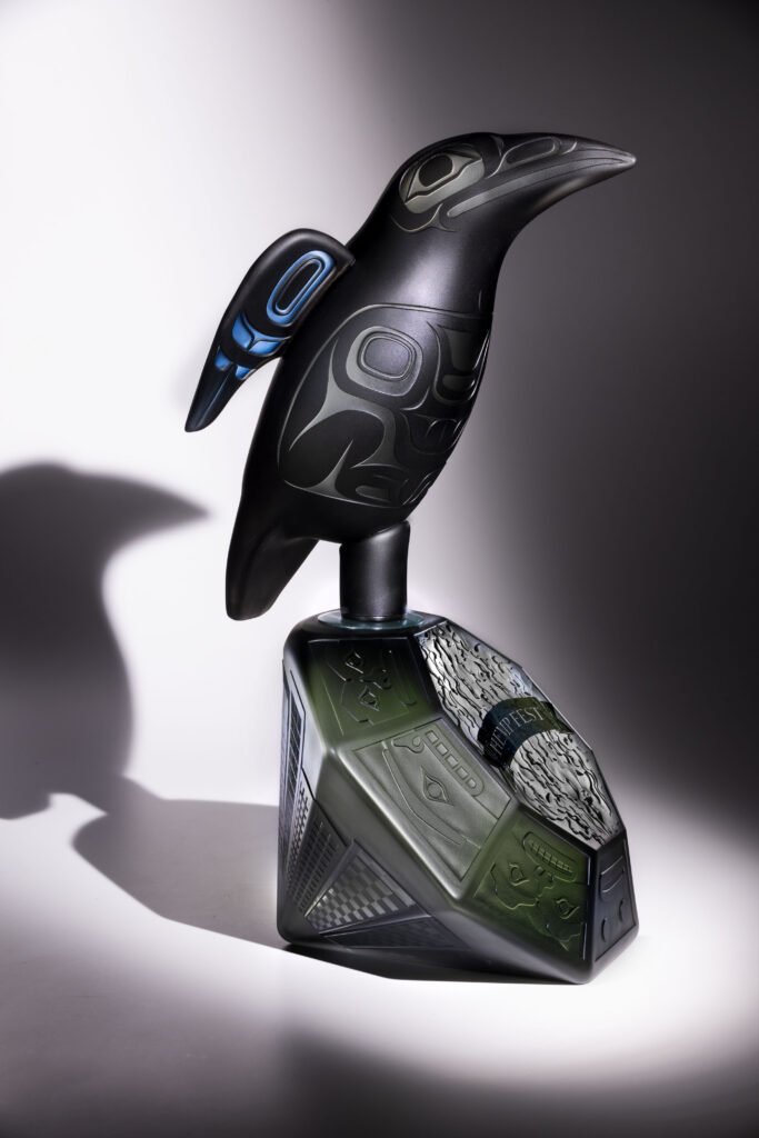 Black carved raven statue perched on a futuristic angular pedestal with geometric engravings