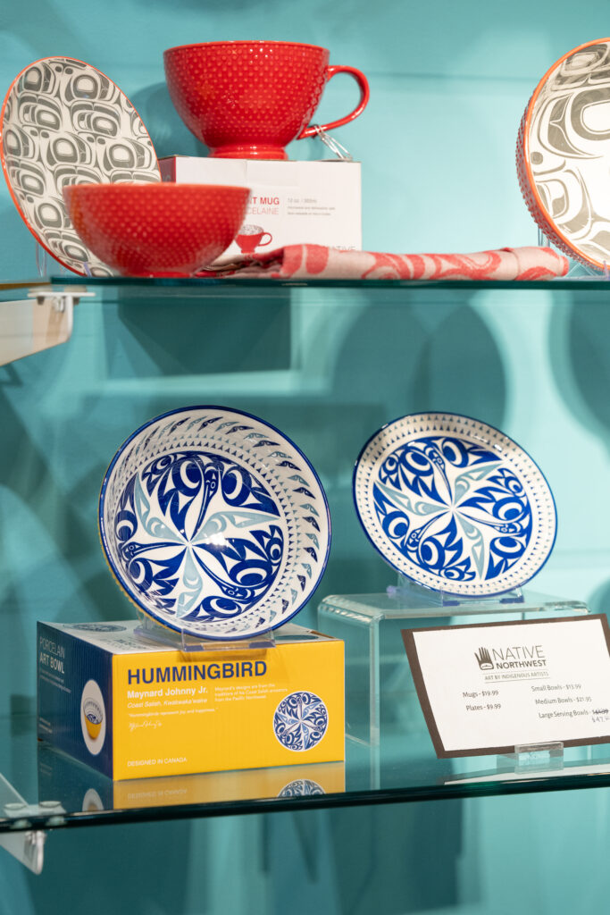 Blue and white patterned plates on display