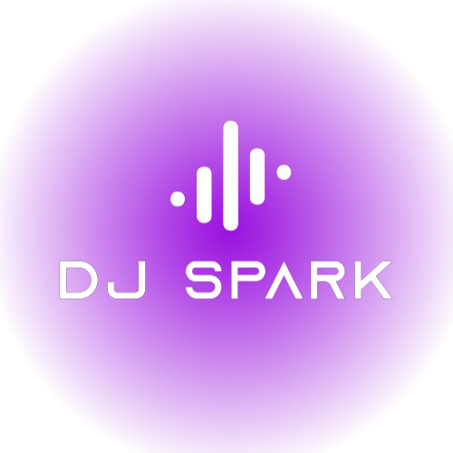 Dj spark logo white stylized soundwave icon above the text dj spark on a purple circular gradient background