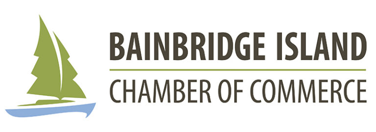 Logo for bainbridge island chamber of commerce green stylized sailtree motif with a blue wave beside the text bainbridge island chamber of commerce