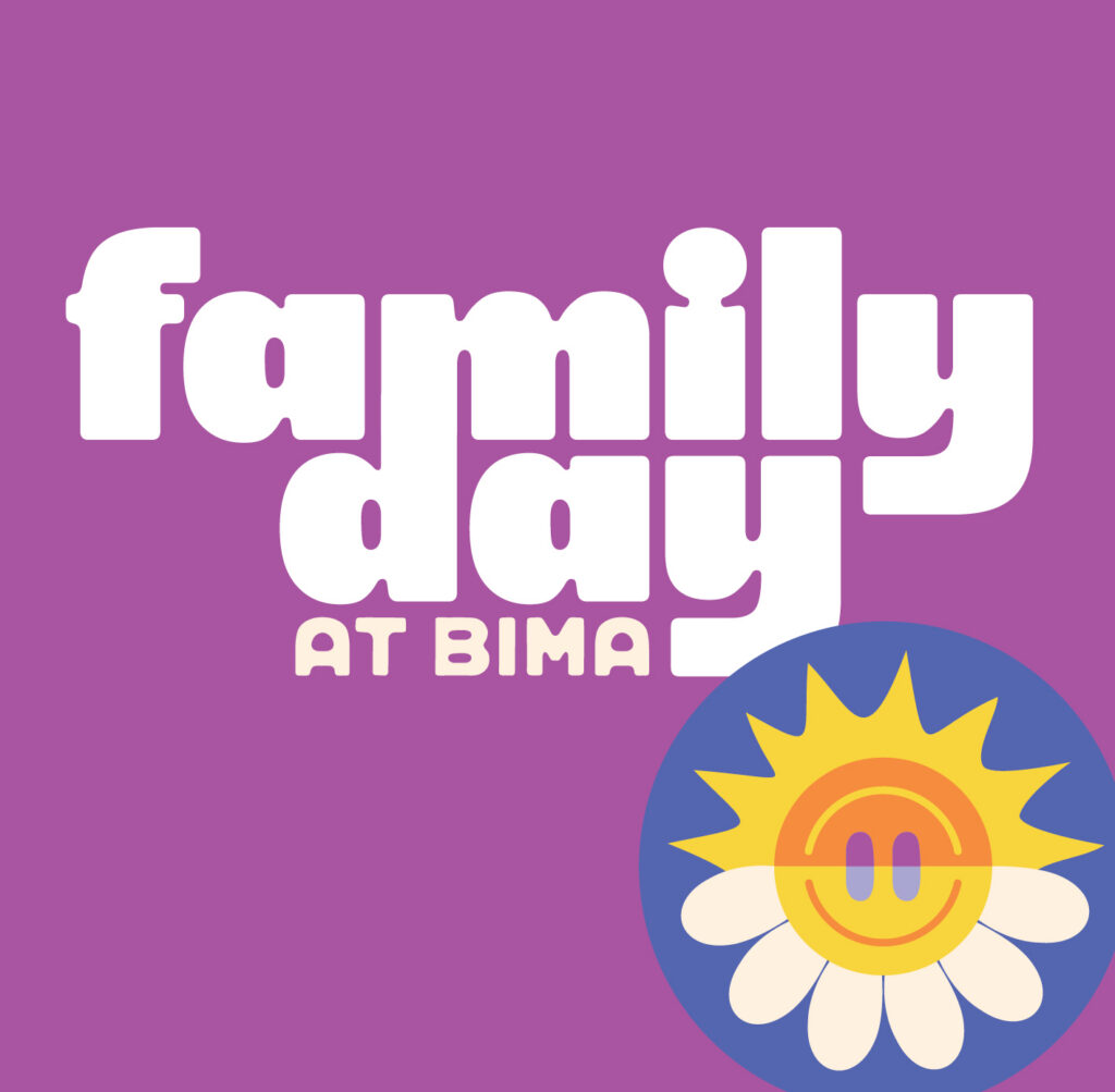 Promotional banner family day at bima on a purple background with a sunflower graphic in the corner inviting event image