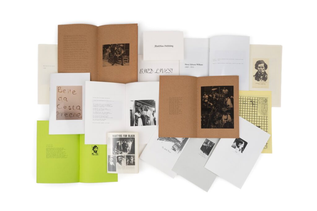 Multiple pages that are brown white green and tan are spread out with black and white historical images and text