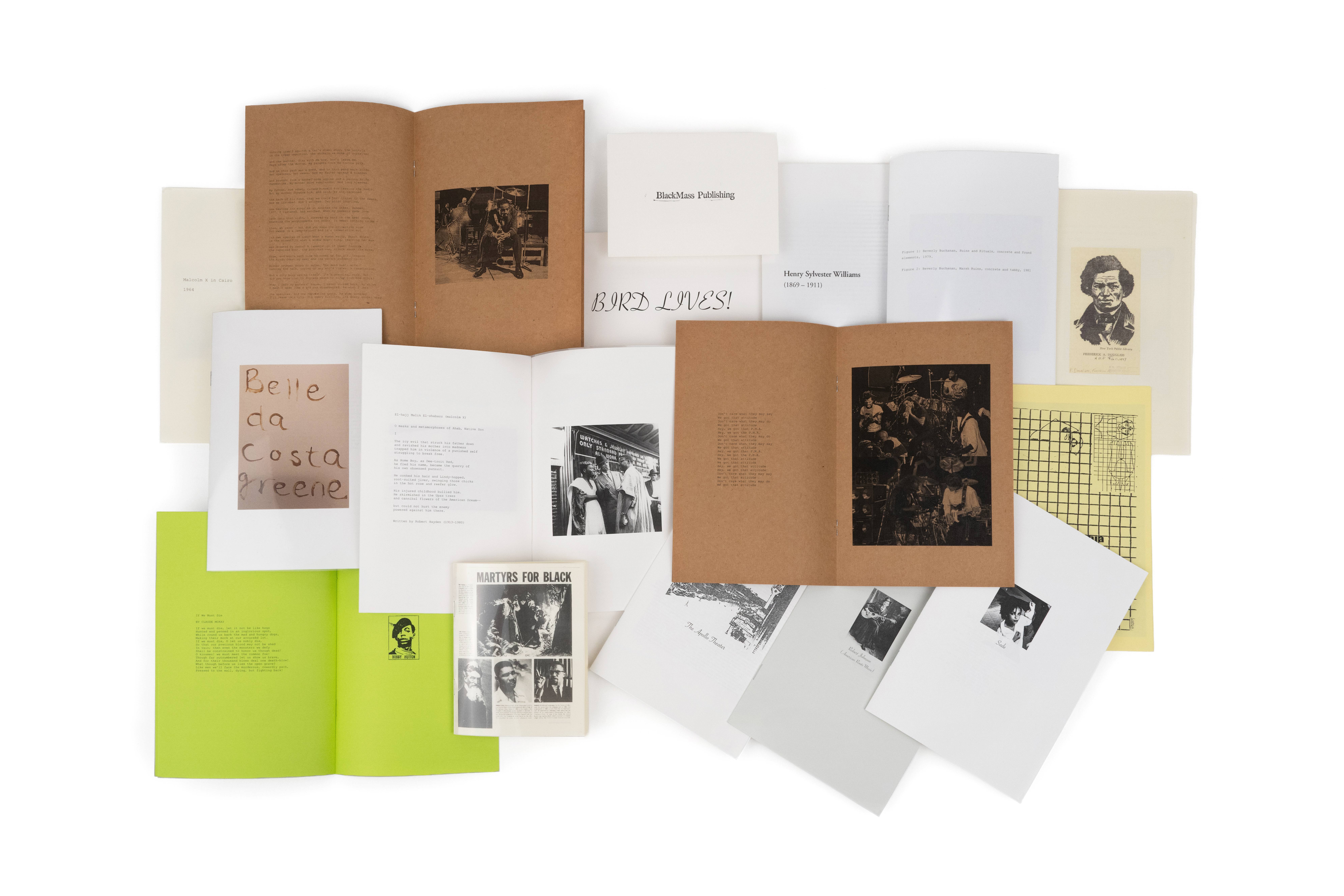 Multiple pages that are brown, white, green, and tan are spread out with black and white historical images and text.