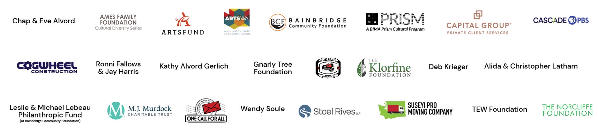 Sponsor logos arranged in three rows featuring philanthropic foundations arts organizations and service partners