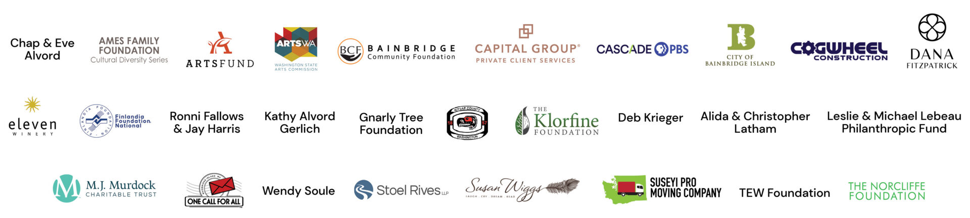 Sponsor logos arranged in three rows, featuring philanthropic foundations, arts organizations, and service partners.