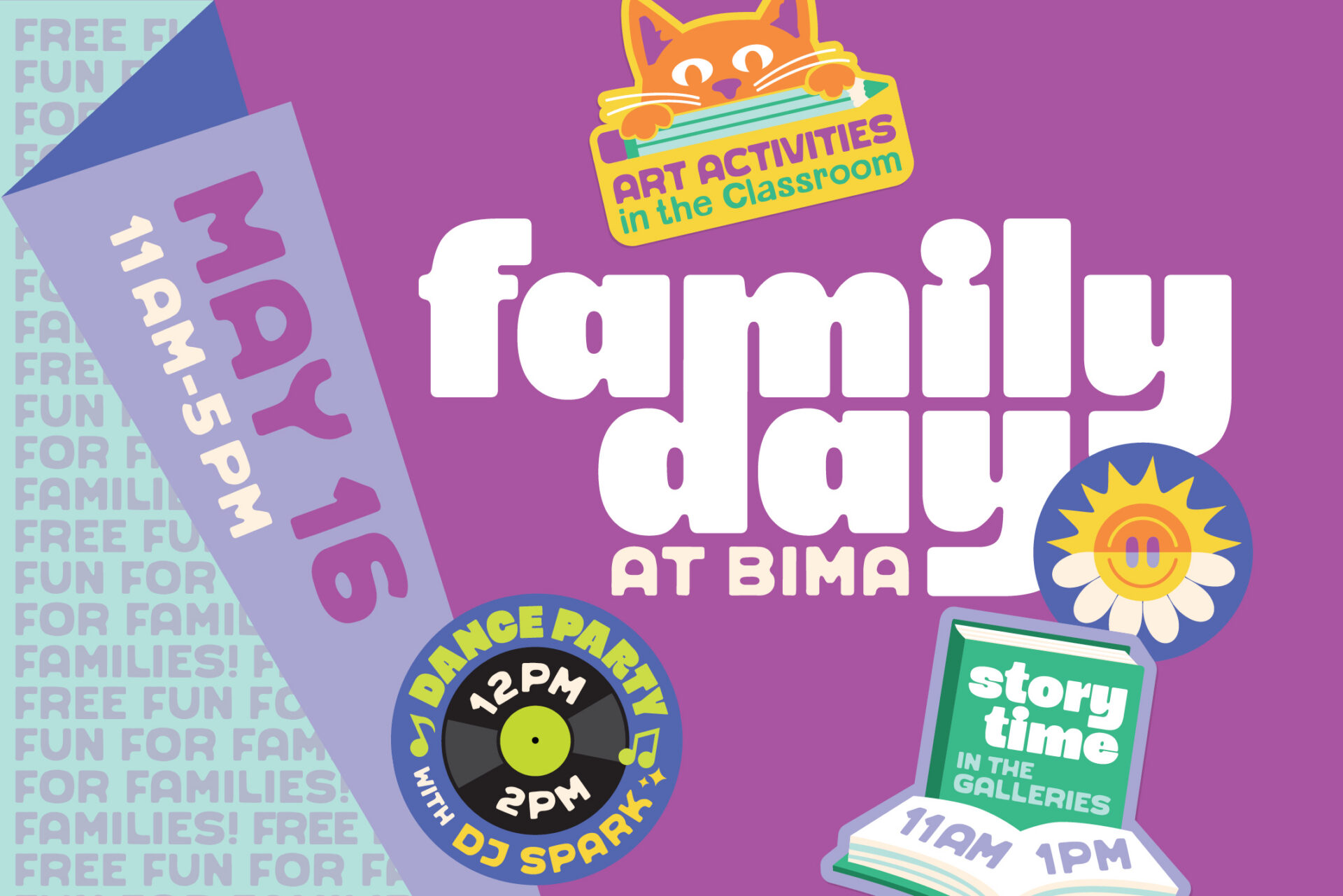 Colorful collage promoting family friendly activities in the classroom including art stories and music