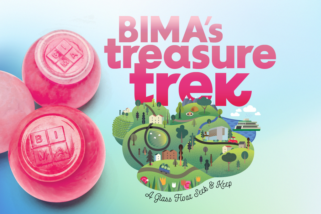 Promotional graphic for bimas treasure trek with a colorful island map and bold pink typography